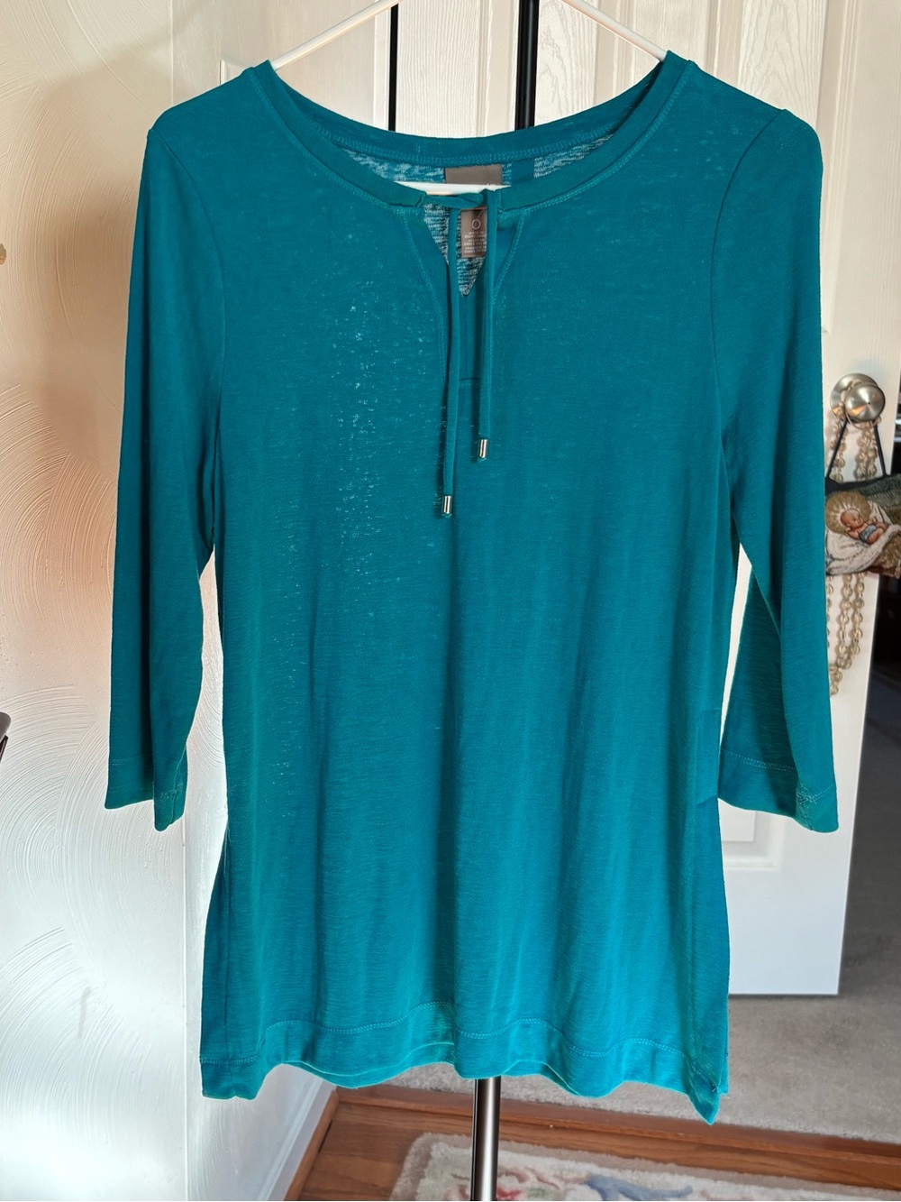 Chico's Teal 3/4 Sleeve Tie-Neck Top